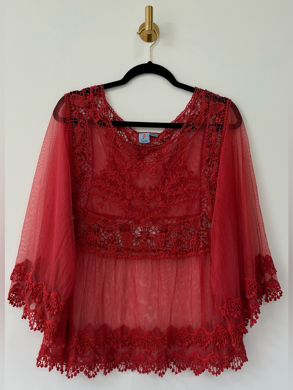Pink Melo Rust Orange Lace Sheer Bell Sleeve Bohemian Blouse Size:XL Coquette
